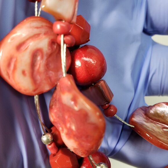 Layered Red Seashell Bead Necklace – Silver Tone Multi-Strand Statement Jewelry - Picture 7 of 8